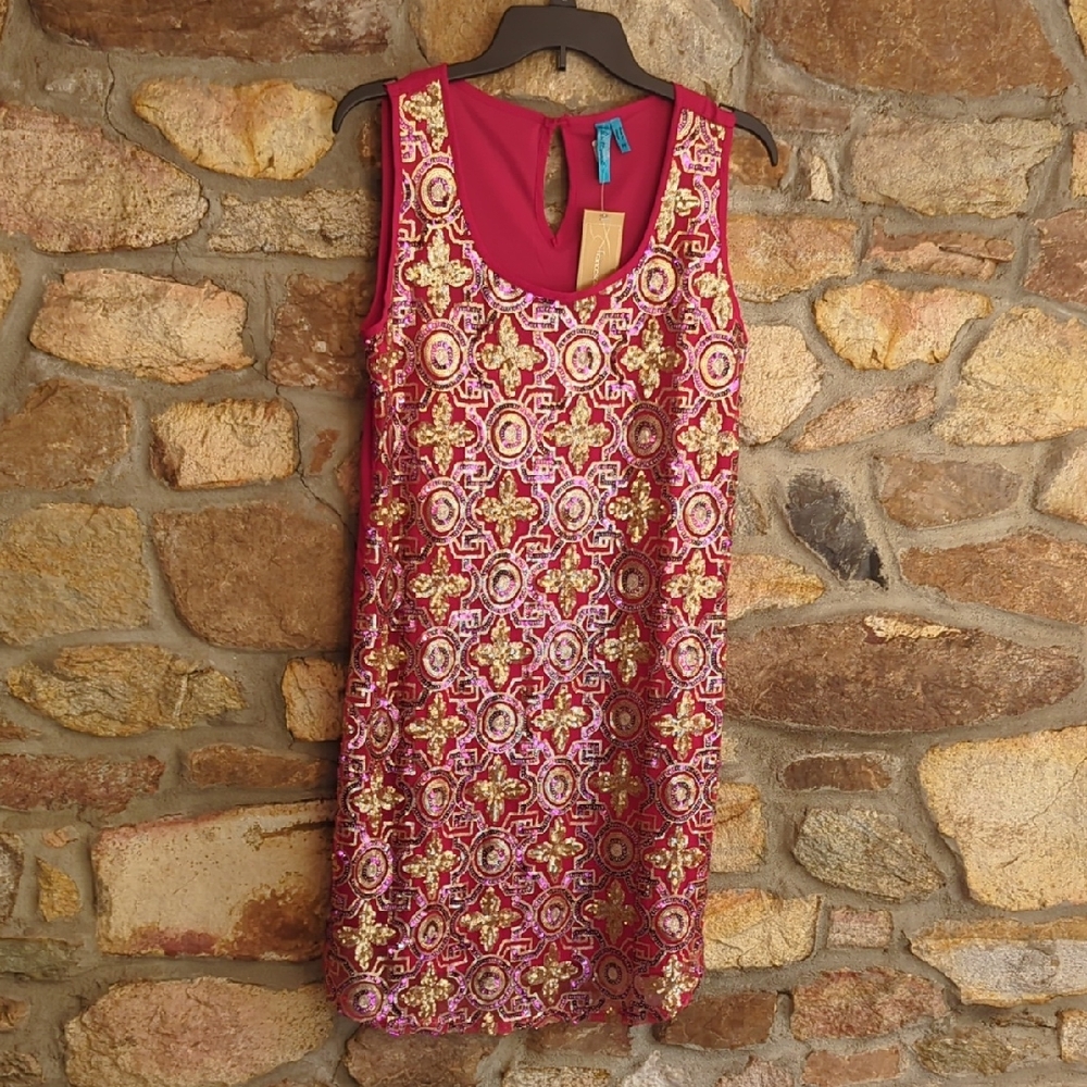 Francesca's Buttons Collections Pink and Gold Sequin Dress